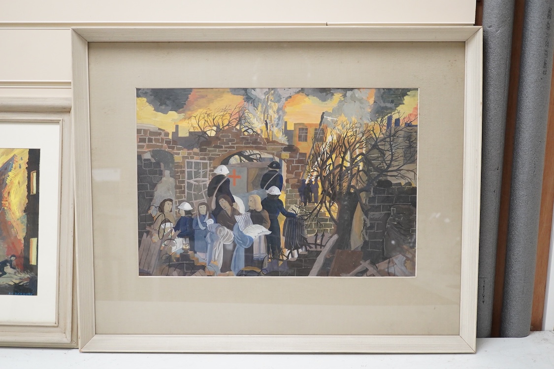 Anthony C. Parrot (20th Century) 'Blitz', a study of figures congregating outside a bombed house, with stretcher bearers entering the ruins of the building, gouache, 32cm x 47.5cm; together with another similar smaller s